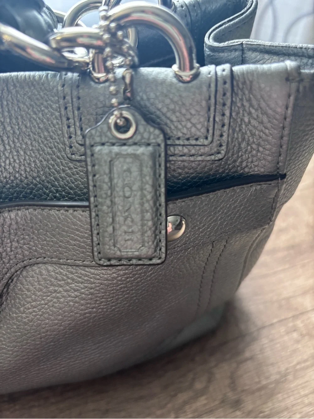 Coach Penelope Carryall Metallic Silver Leather Turnlock Tote